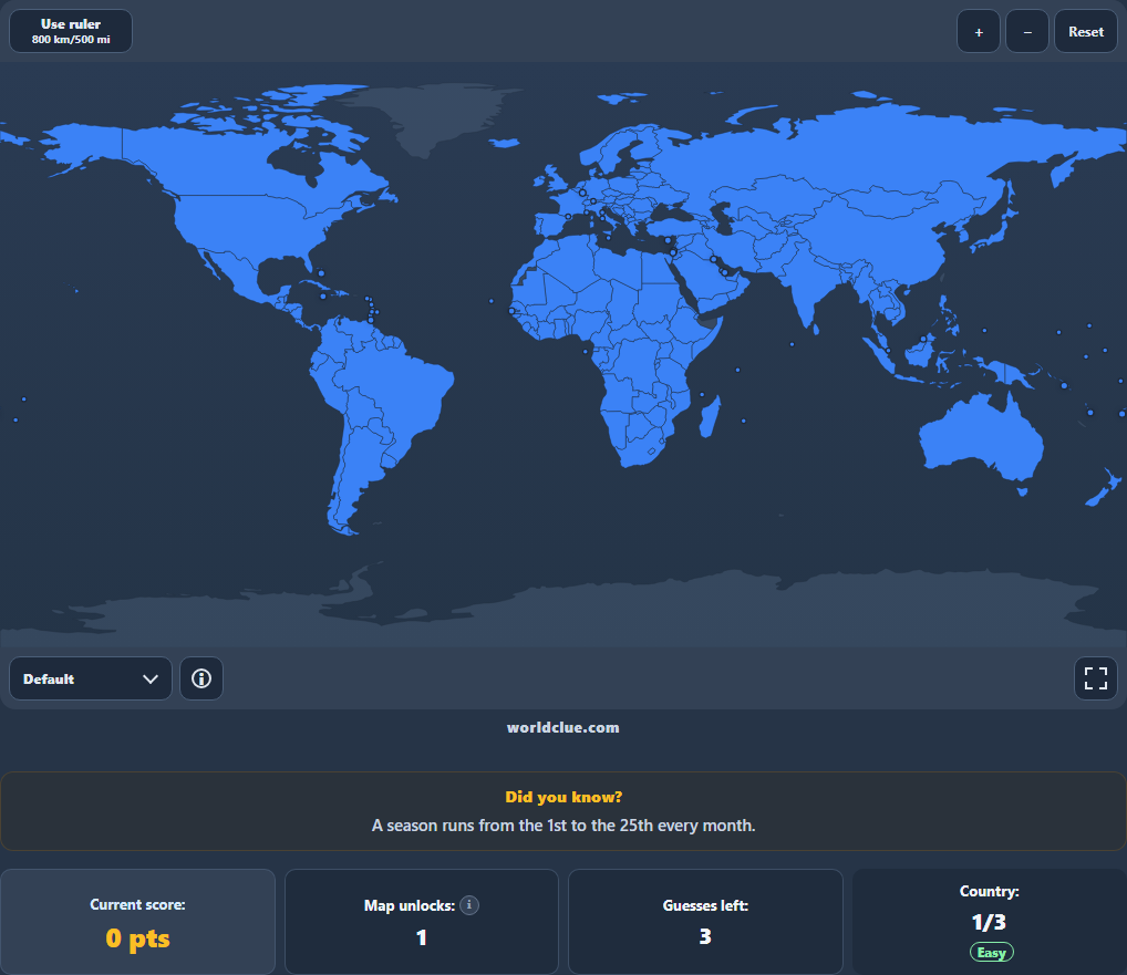 Current Daily world map, score, map unlock, guesses remaining, and Easy country progress