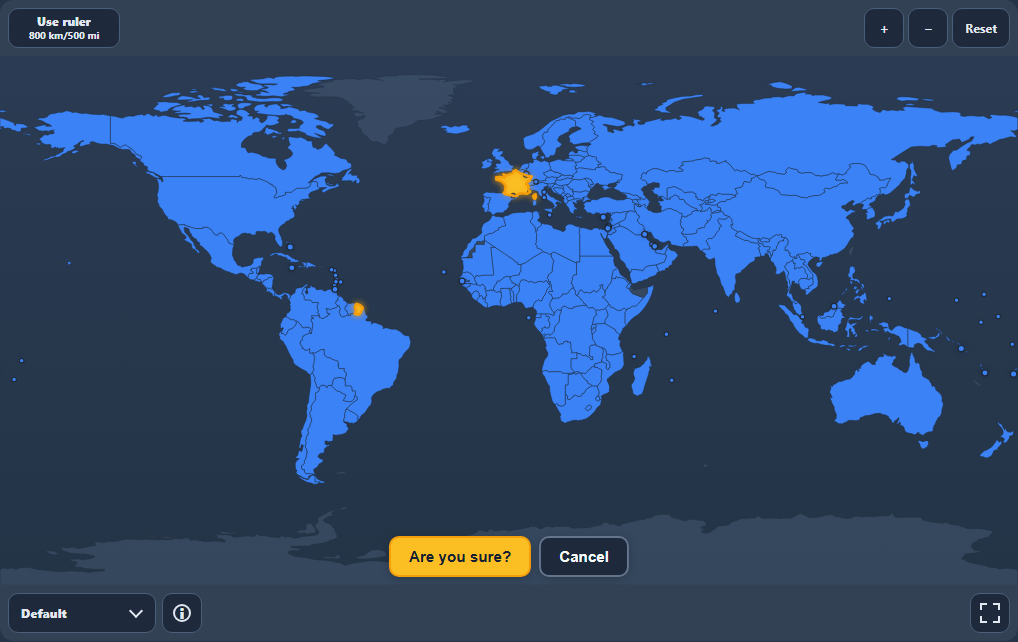 France selected in gold on the Daily map with Are you sure and Cancel controls