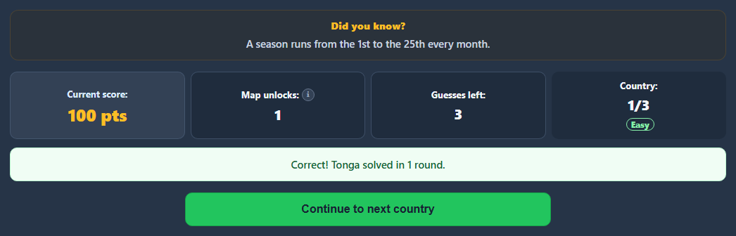 Solved-country message with earned points and Continue to next country button