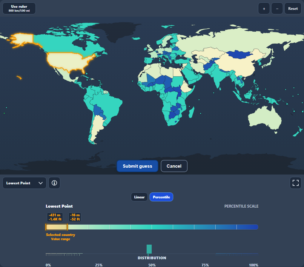 Unlocked clue map with the United States selected and its value range highlighted on the percentile scale