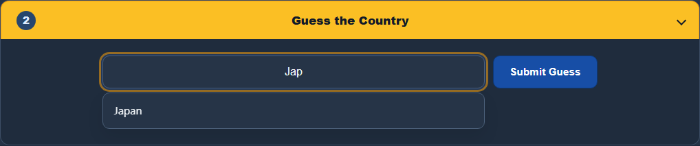 Daily country input showing Japan as the autocomplete suggestion