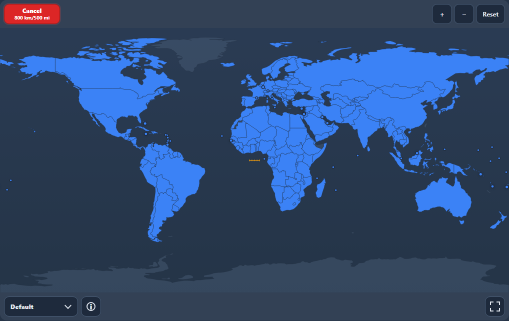Daily world map with the 800 kilometre and 500 mile ruler active